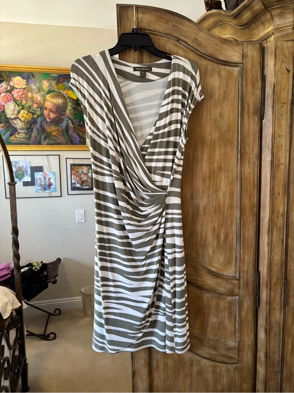 Tommy Bahama Olive & White Striped V-Neck Ruched Midi Dress